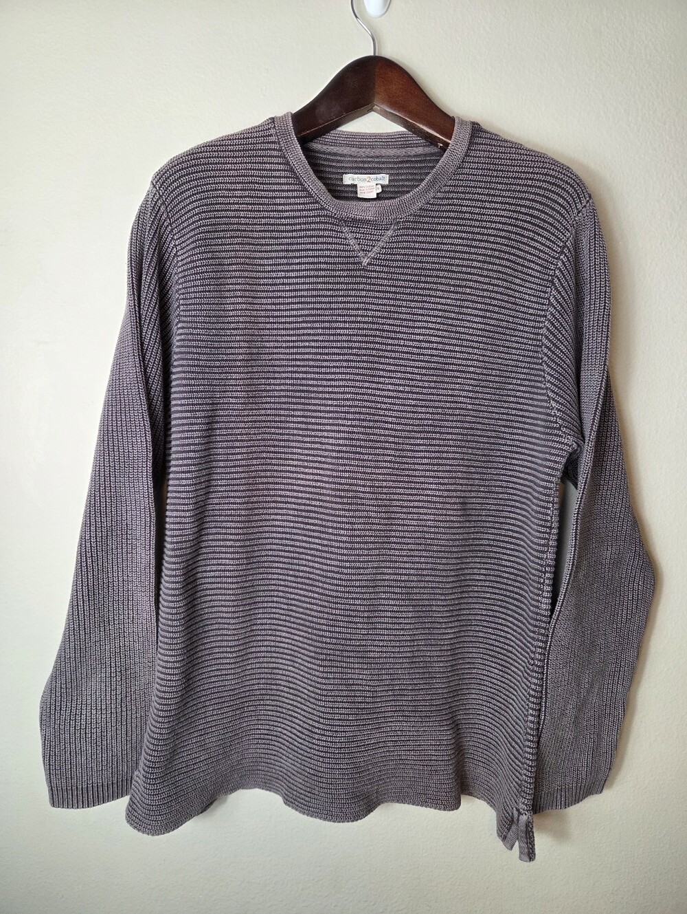 Carbon2Cobalt Men's Cotton Sweater L Gray Horizontal Ribbed Knit Pullover Crew